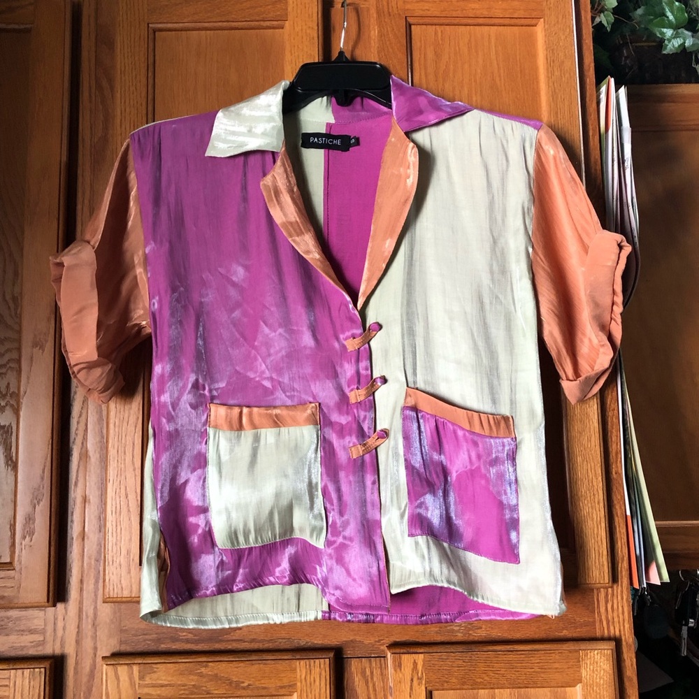 Pastiche Pink Collared Silky Color Block Button Up Blouse Size Small - Picture 5 of 16